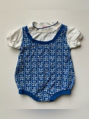 Vintage 70s Health-tex Blue and White Knit Baby Romper
